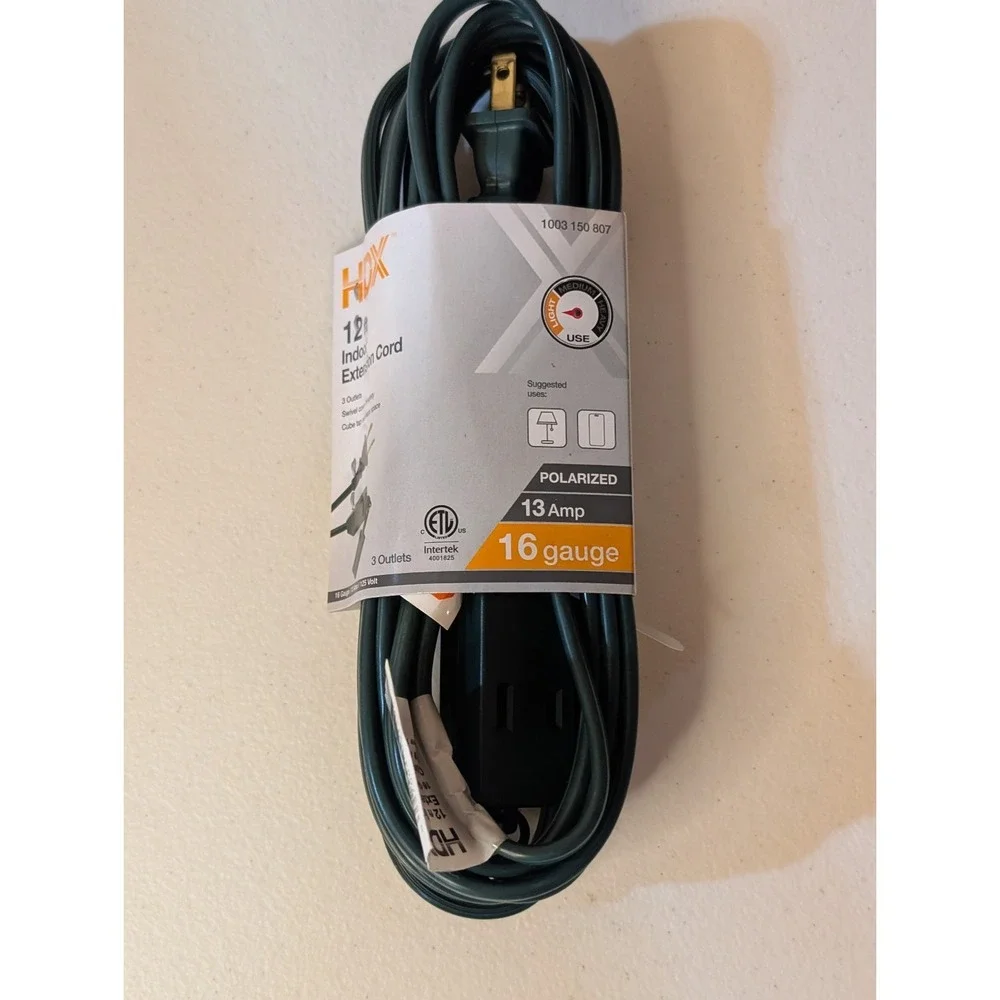 HDX Indoor Extension Cord 12 ft‎ 16-Gauge 13A Green 3-Outlet Cube Tap New Sealed